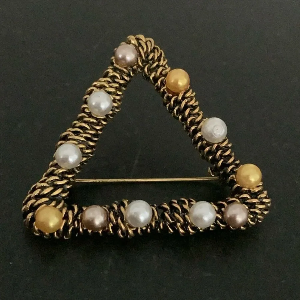 Vintage Style Triangle Brooch with Faux Pearls, Antique Gold Finish